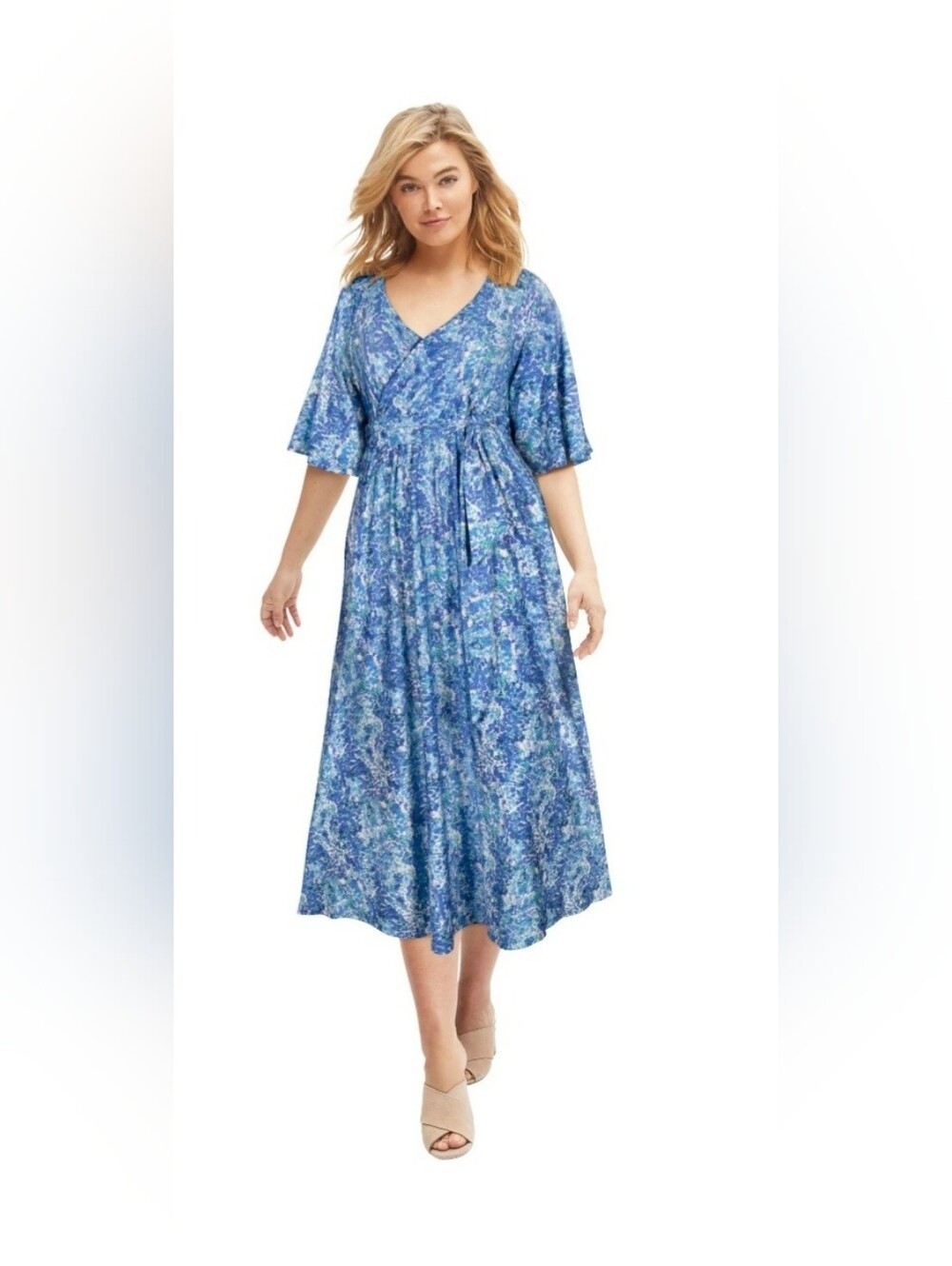 Ellos Plus 18/20 Blue Floral Wrap-Style Maxi Dress W/Tie